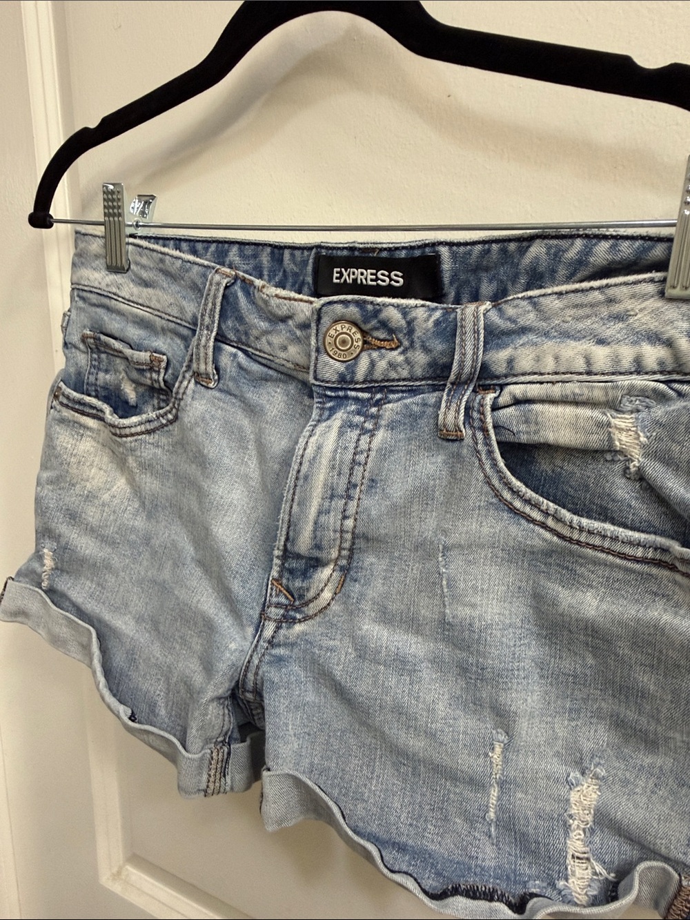 Express Light Blue Distressed Denim Shorts